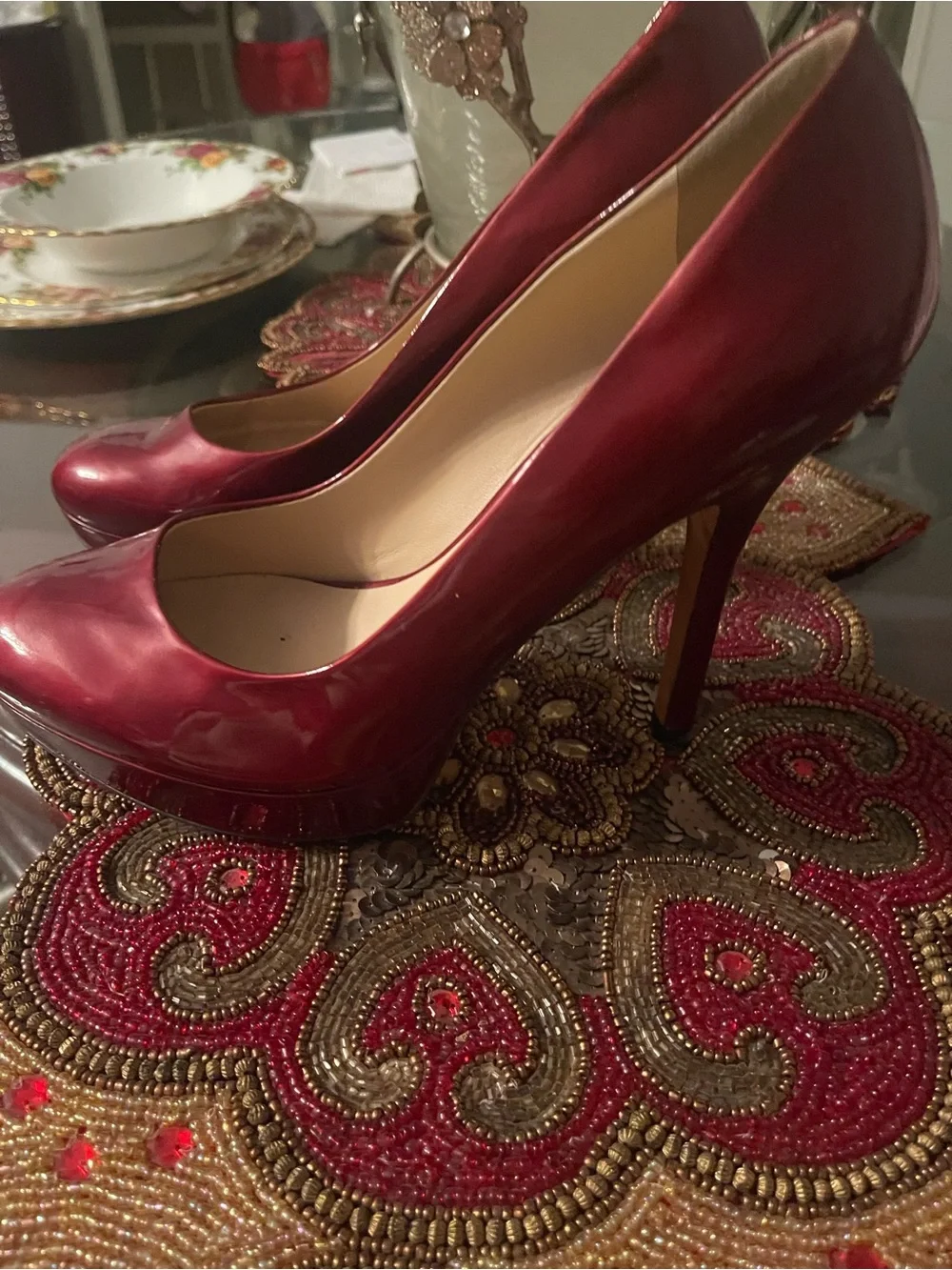 Joan & David Burgundy Patent Platform Pumps